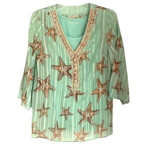 Soft Surroundings Mint Green Gold Starfish 2 Piece Tunic Top Set Shell Beaded XS